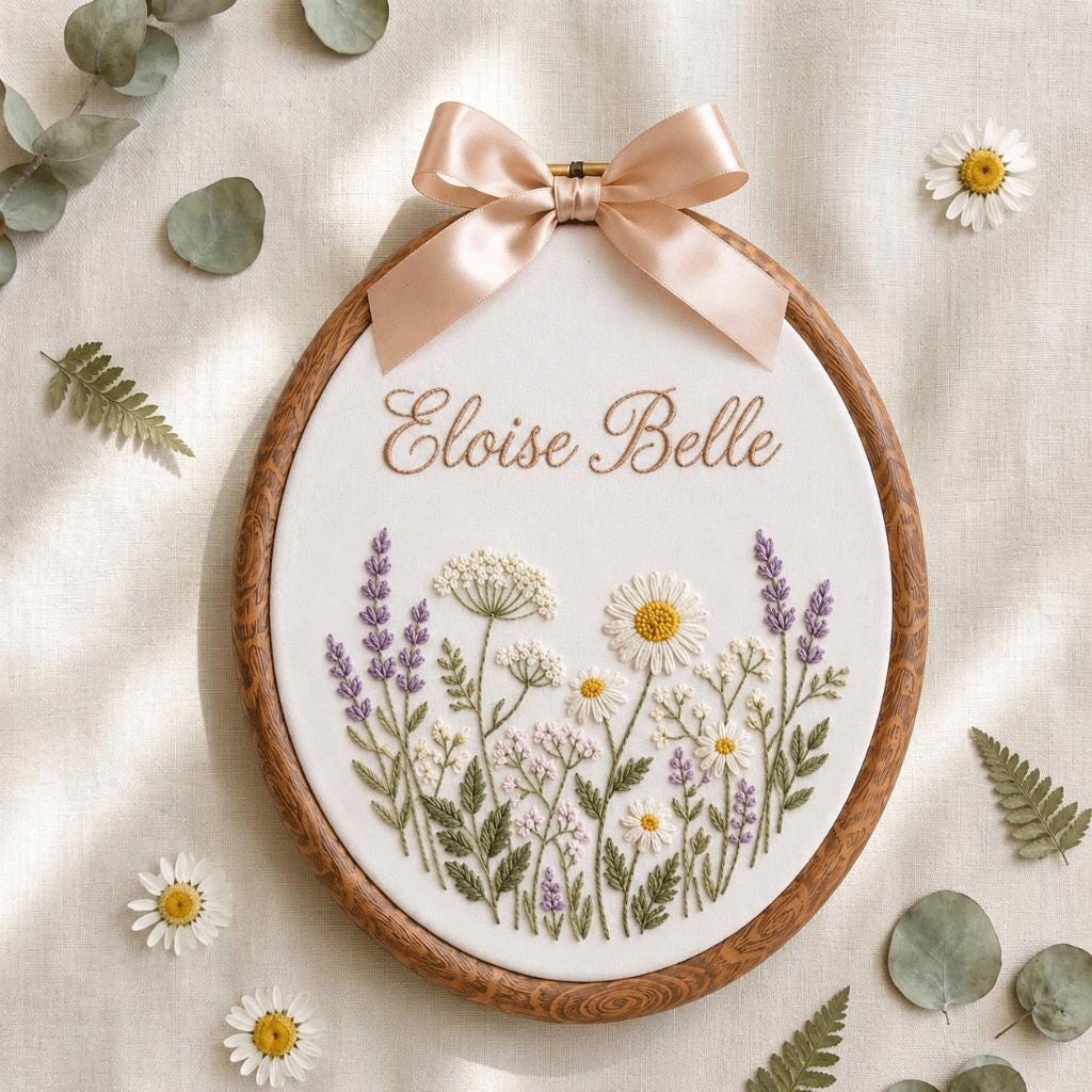 Personalized Floral Baby Name Embroidered Sign, Custom Baby Nursery Name Hoop, Floral Baby Shower Wall Art, Newborn Name Announcement Gift