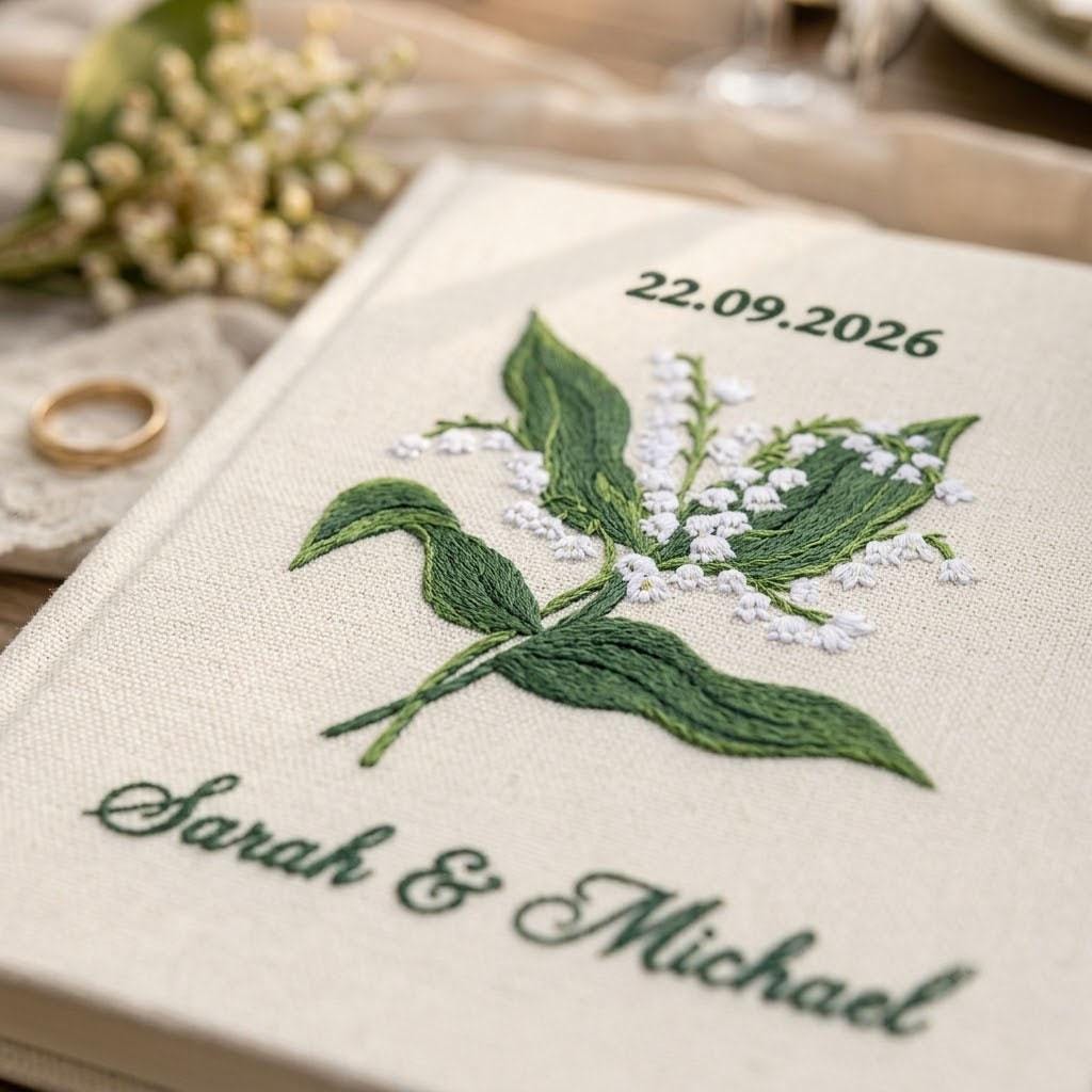 Personalized Wedding Photo Album, Lily of the Valley Embroidered Guest Book, Custom Linen Scrapbook, Bridal Shower Gift