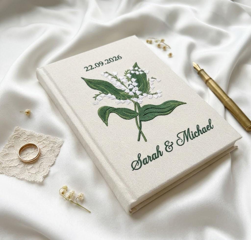 Personalized Wedding Photo Album, Lily of the Valley Embroidered Guest Book, Custom Linen Scrapbook, Bridal Shower Gift