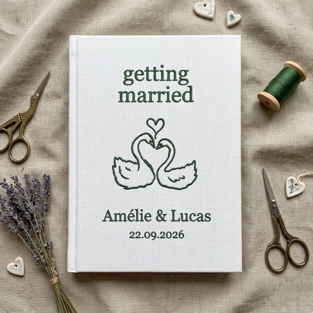 Personalized Wedding Photo Album, Embroidered Swan Guest Book, Custom Linen Scrapbook, Getting Married Memory Book