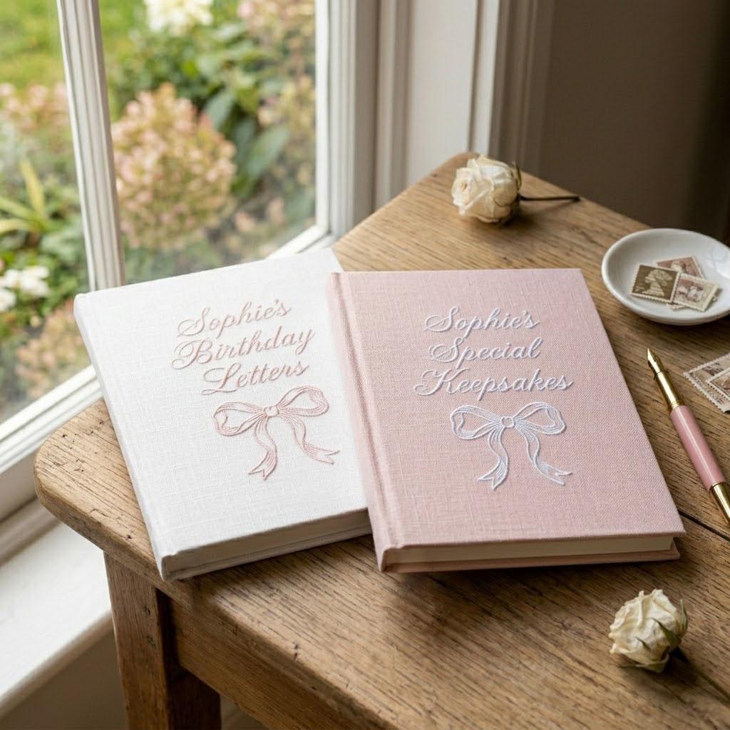 Personalized Birthday Photo Album, Embroidered Ribbon Bow Guest Book, Custom Linen Letters Journal, Coquette Scrapbook Gift
