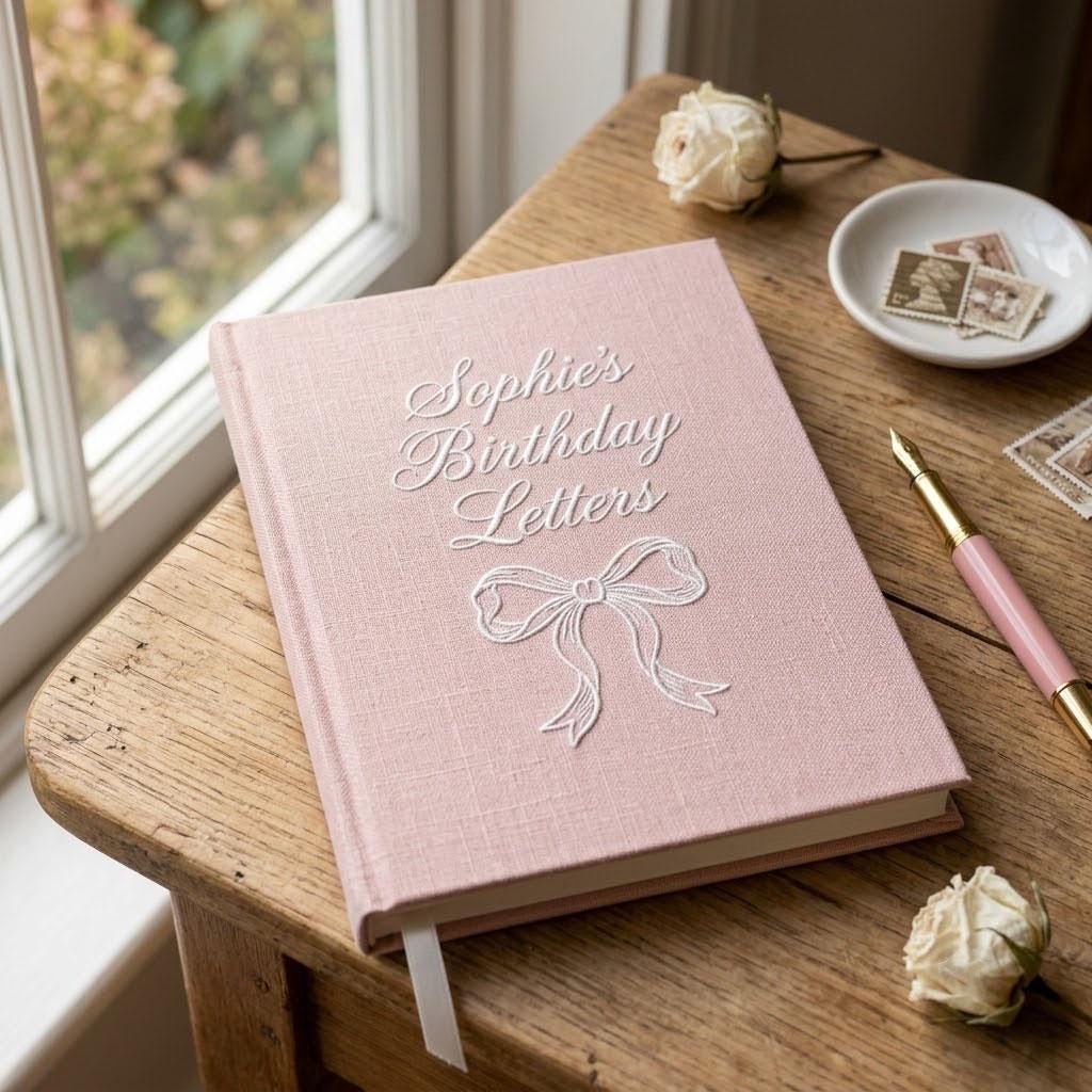 Personalized Birthday Photo Album, Embroidered Ribbon Bow Guest Book, Custom Linen Letters Journal, Coquette Scrapbook Gift