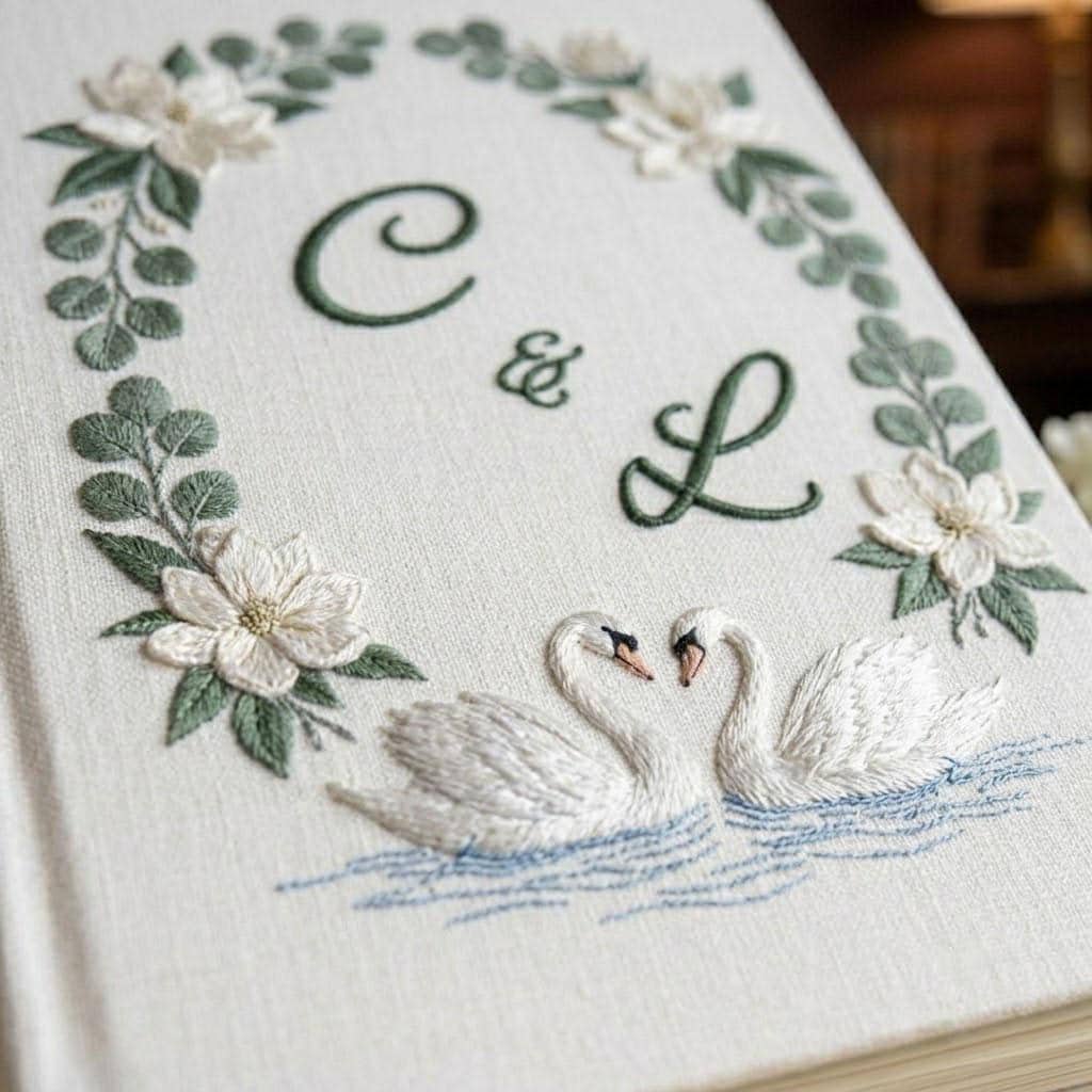 Personalized Wedding Photo Album, Embroidered Swan Guest Book, Custom Linen Scrapbook with Floral Wreath, Bridal Shower Gift