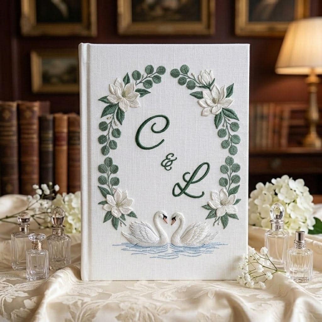 Personalized Wedding Photo Album, Embroidered Swan Guest Book, Custom Linen Scrapbook with Floral Wreath, Bridal Shower Gift