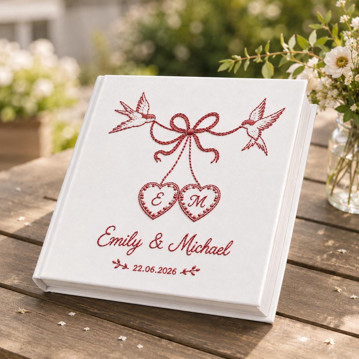Personalized Wedding Photo Album, Embroidered Lovebird Guest Book, Red Ribbon Coquette Scrapbook, Custom Linen Memory Book