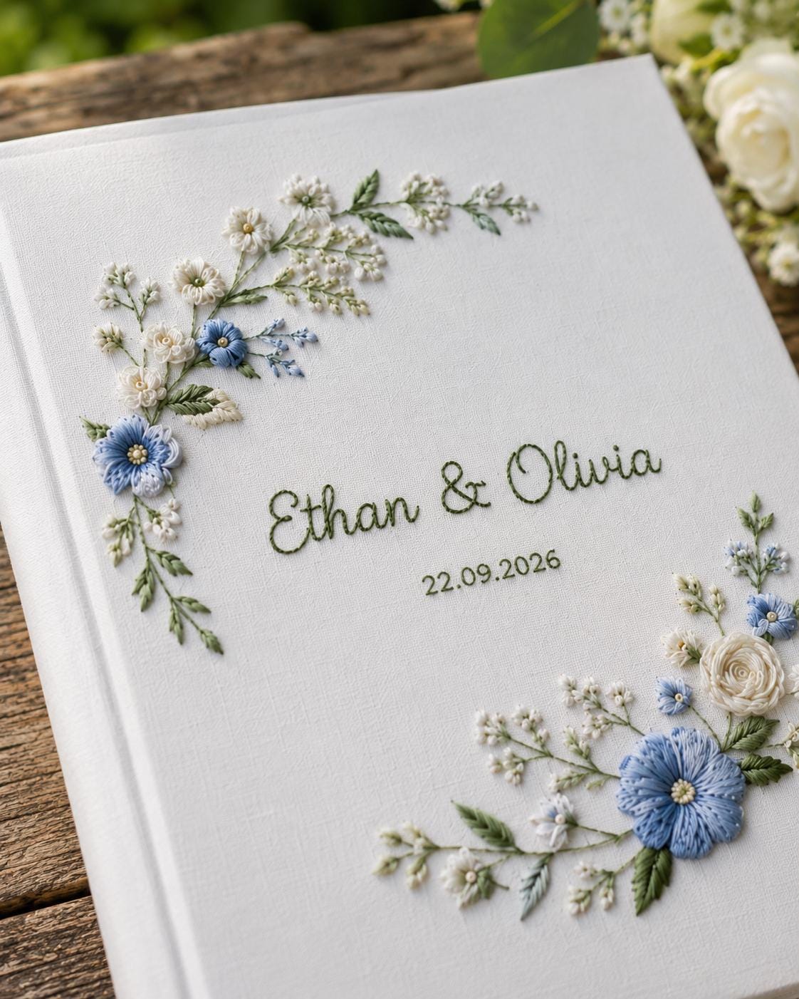 Personalized Wedding Photo Album, Something Blue Embroidered Guest Book, Custom Floral Linen Scrapbook, Bridal Shower Gift