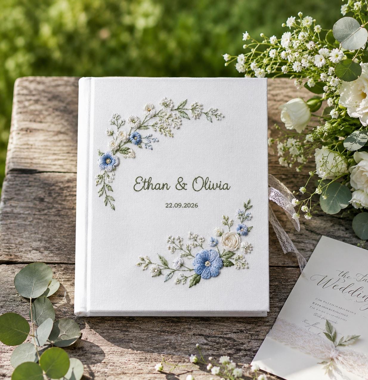 Personalized Wedding Photo Album, Something Blue Embroidered Guest Book, Custom Floral Linen Scrapbook, Bridal Shower Gift