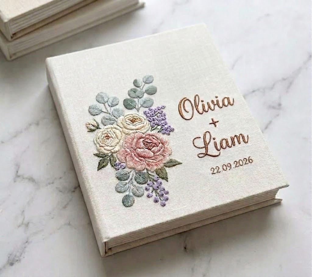 Personalized Wedding Photo Album, Embroidered Rose Guest Book, Custom Floral Linen Scrapbook, Eucalyptus Bridal Shower Gift