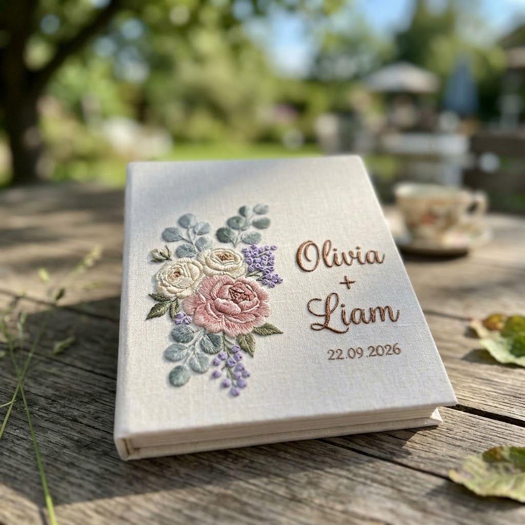 Personalized Wedding Photo Album, Embroidered Rose Guest Book, Custom Floral Linen Scrapbook, Eucalyptus Bridal Shower Gift