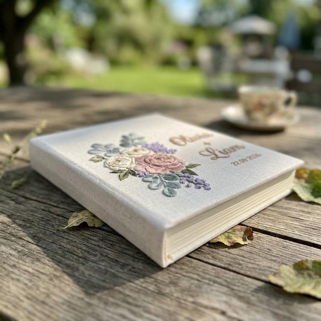 Personalized Wedding Photo Album, Embroidered Rose Guest Book, Custom Floral Linen Scrapbook, Eucalyptus Bridal Shower Gift