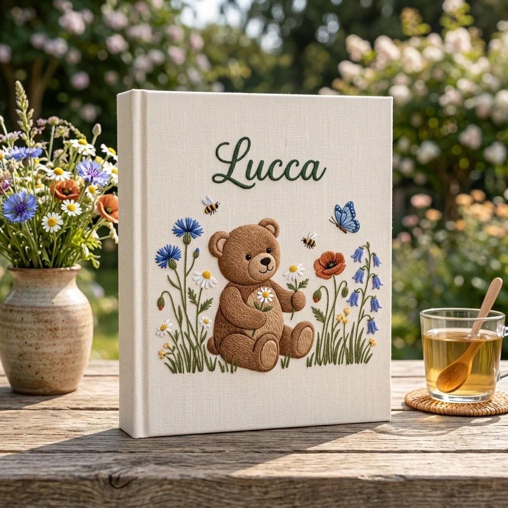 Personalized Baby Photo Album, Embroidered Teddy Bear Memory Book, Custom Linen Scrapbook, Baby Shower Gift, Nursery Keepsake