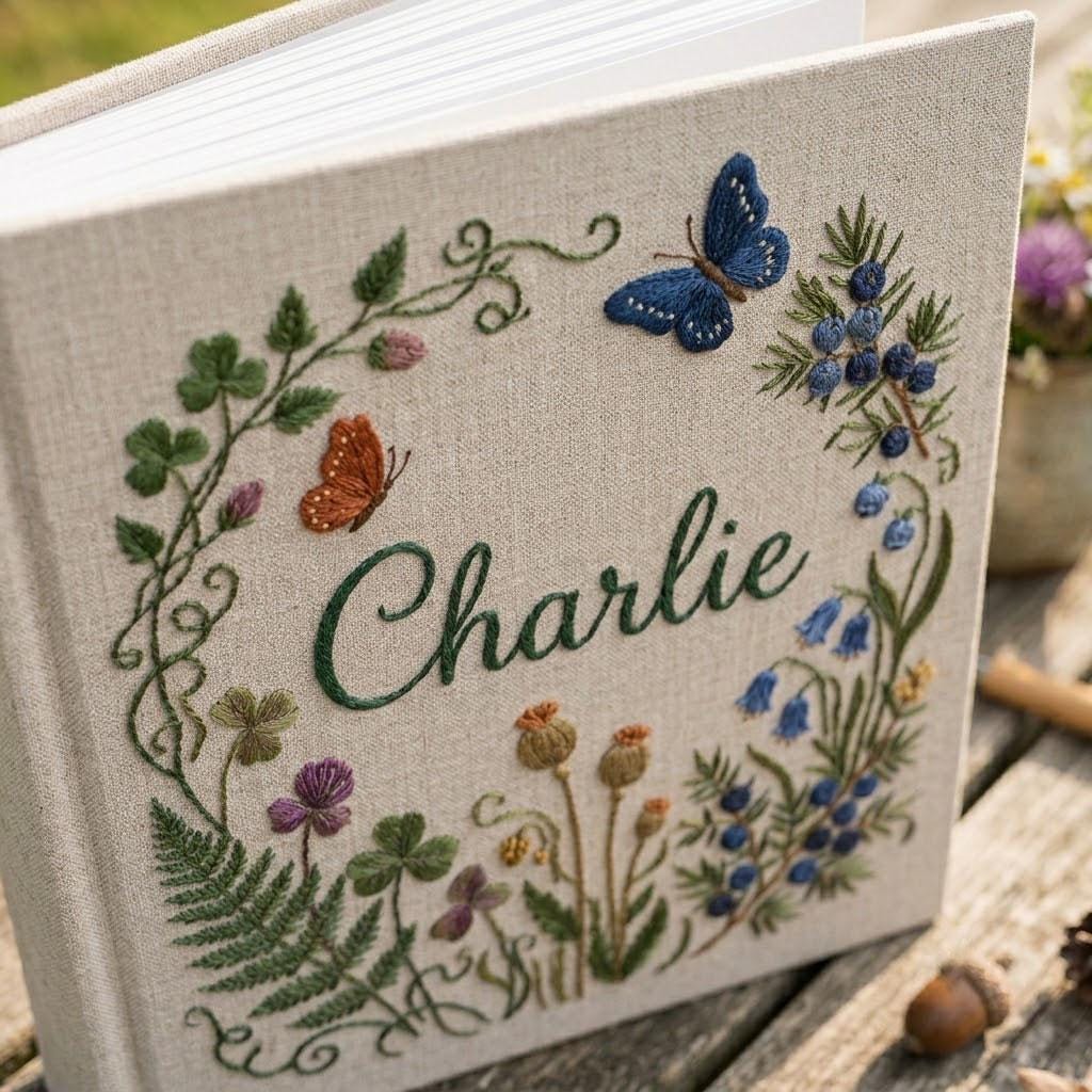 Personalized Woodland Photo Album, Embroidered Botanical Memory Book, Custom Wildflower Linen Scrapbook, Baby Shower Gift