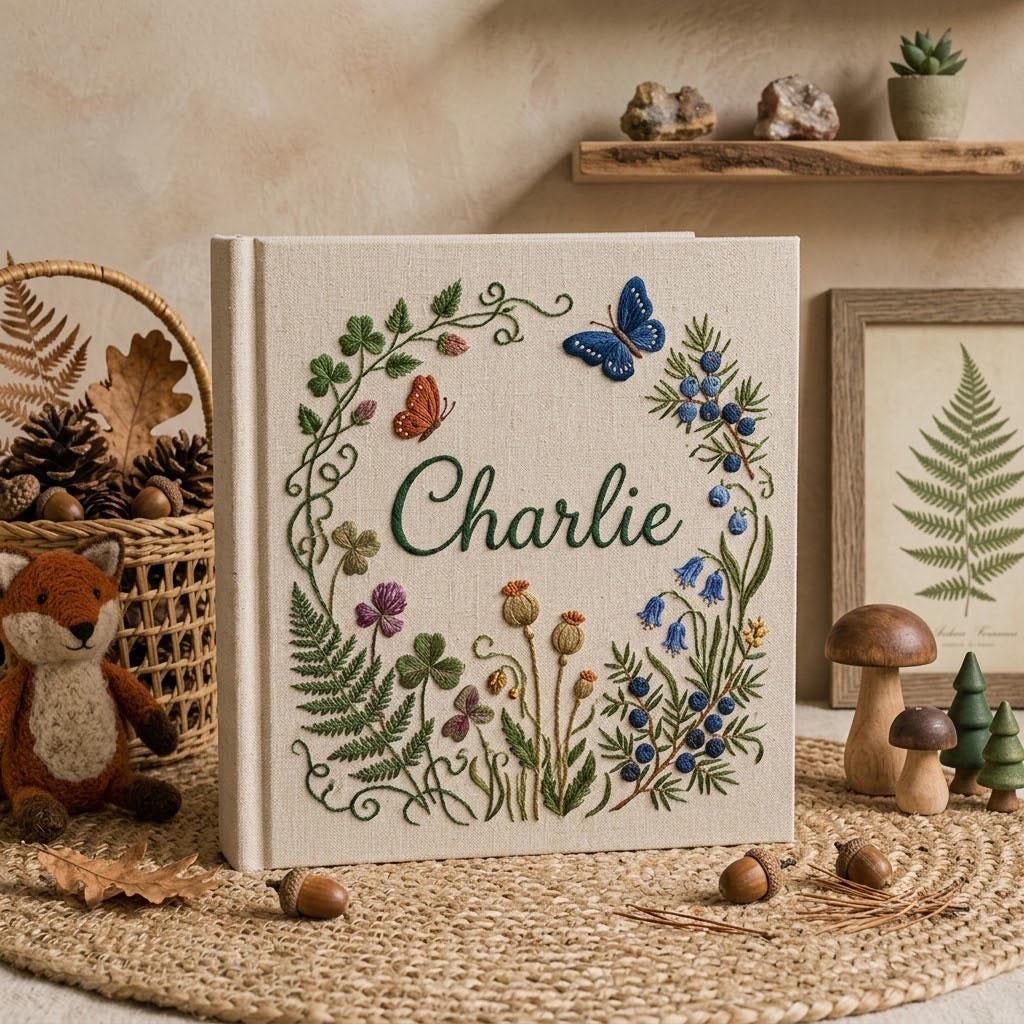 Personalized Woodland Photo Album, Embroidered Botanical Memory Book, Custom Wildflower Linen Scrapbook, Baby Shower Gift