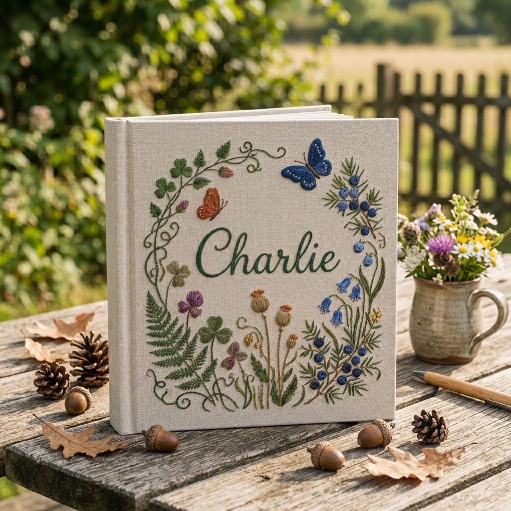 Personalized Woodland Photo Album, Embroidered Botanical Memory Book, Custom Wildflower Linen Scrapbook, Baby Shower Gift