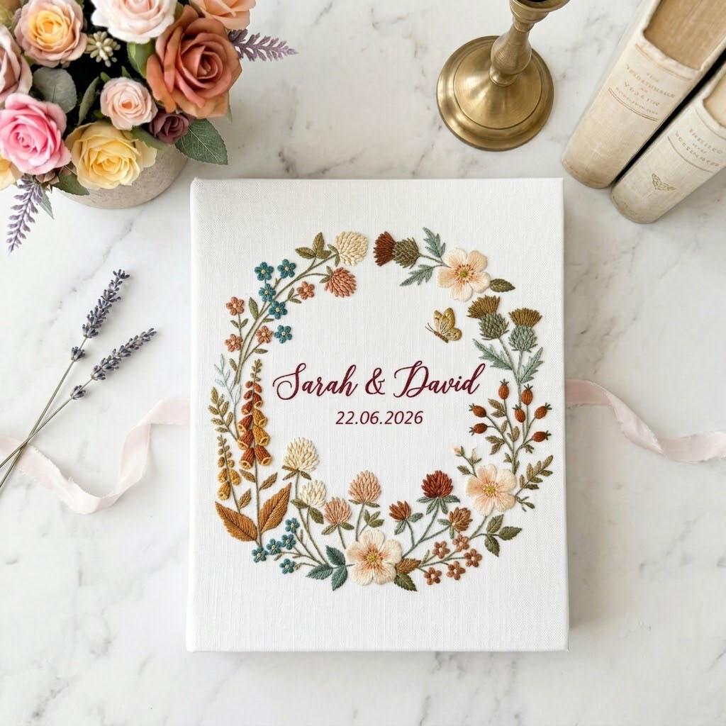 Personalized Wedding Photo Album, Embroidered Wildflower Guest Book, Boho Floral Linen Scrapbook, Custom Wedding Guestbook Gift