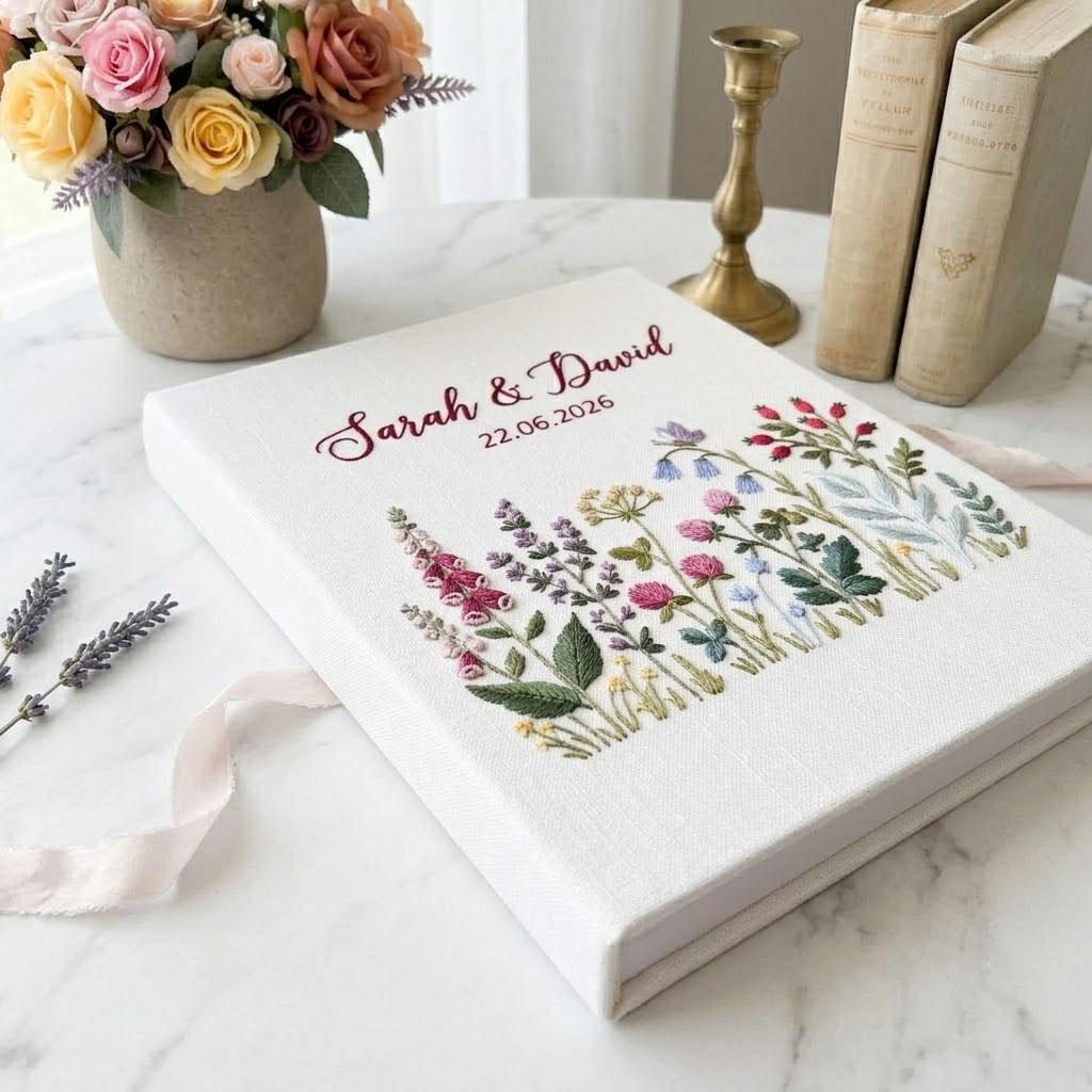Personalized Wedding Photo Album, Embroidered Wildflower Guest Photo, Custom Boho Floral Linen Scrapbook, Bridal Shower Gift