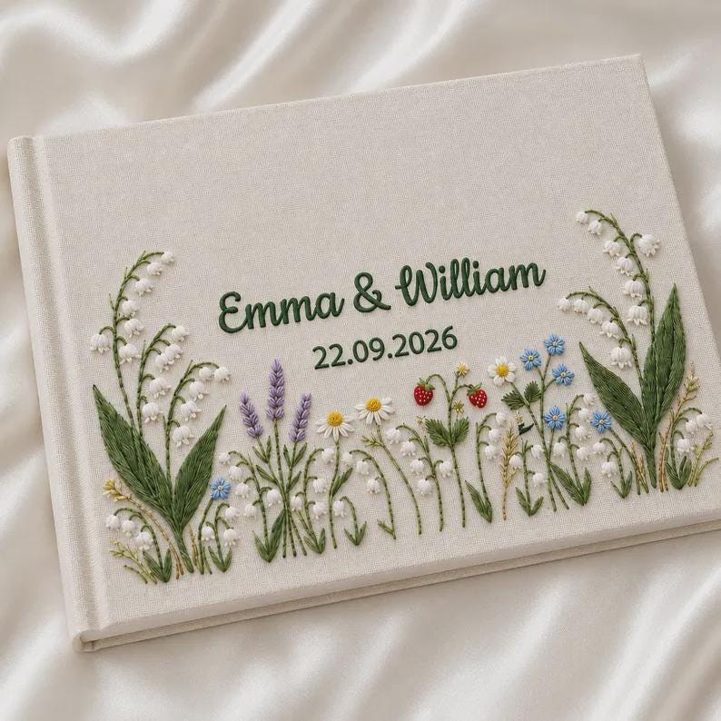 Personalized Wedding Guest Book, Embroidered Floral Photo Album, Custom Names and Date, Lily of the Valley Bridal Keepsake