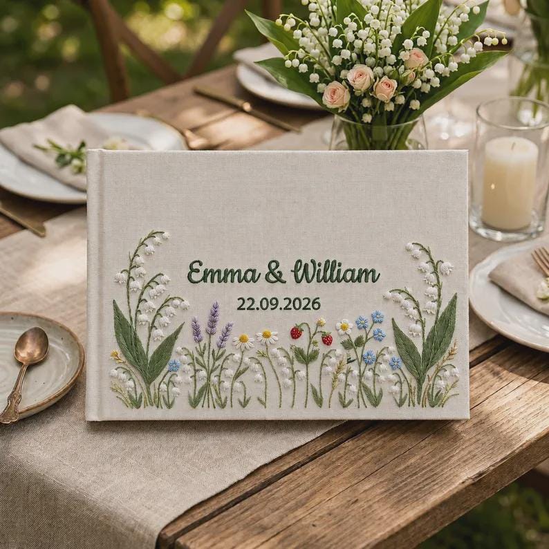 Personalized Wedding Guest Book, Embroidered Floral Photo Album, Custom Names and Date, Lily of the Valley Bridal Keepsake