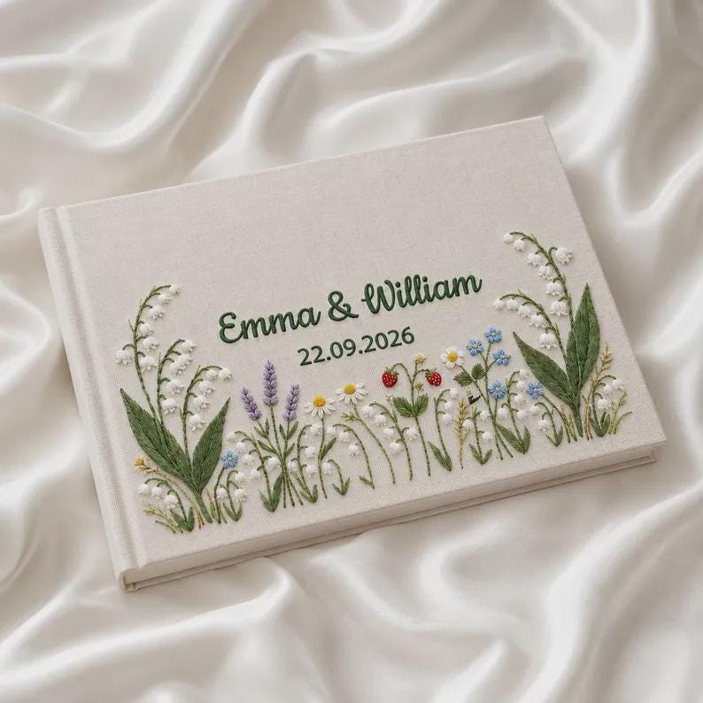 Personalized Wedding Guest Book, Embroidered Floral Photo Album, Custom Names and Date, Lily of the Valley Bridal Keepsake