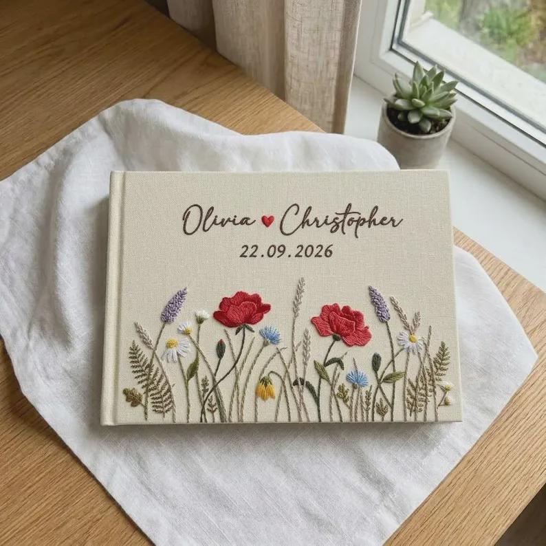 Personalized Wildflower Embroidered Wedding Guest Book, Custom Linen Vow Book, Floral Wedding Album Memory Journal for Bridal Shower
