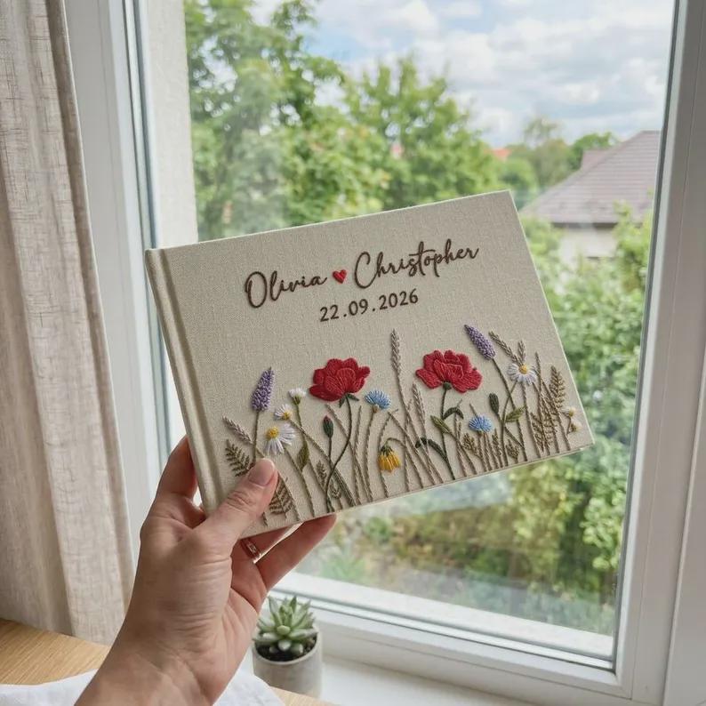 Personalized Wildflower Embroidered Wedding Guest Book, Custom Linen Vow Book, Floral Wedding Album Memory Journal for Bridal Shower