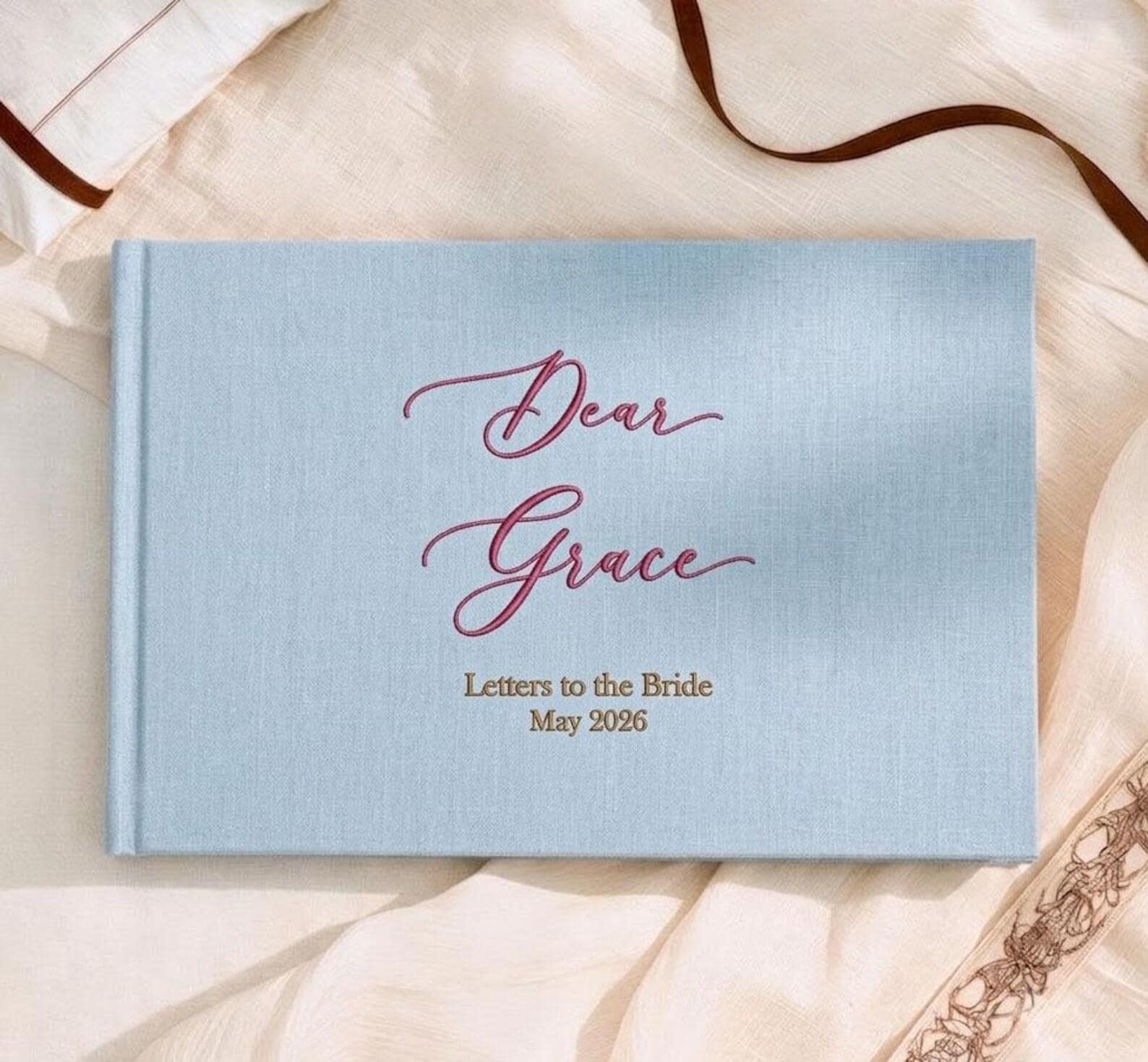 Personalized Letters to the Bride Book, Embroidered Linen Wedding Guest Book, Custom Bridal Shower Gift, Future Mrs Keepsake Album