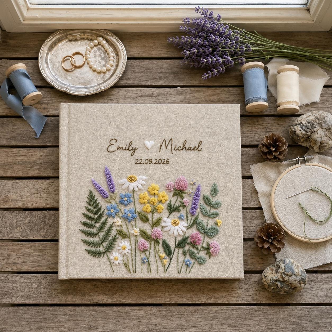 Custom Embroidered Wedding Photo Album, Wildflower Linen Photo Album, Personalized Boho Wedding Guestbook, Rustic Bridal Shower Gift