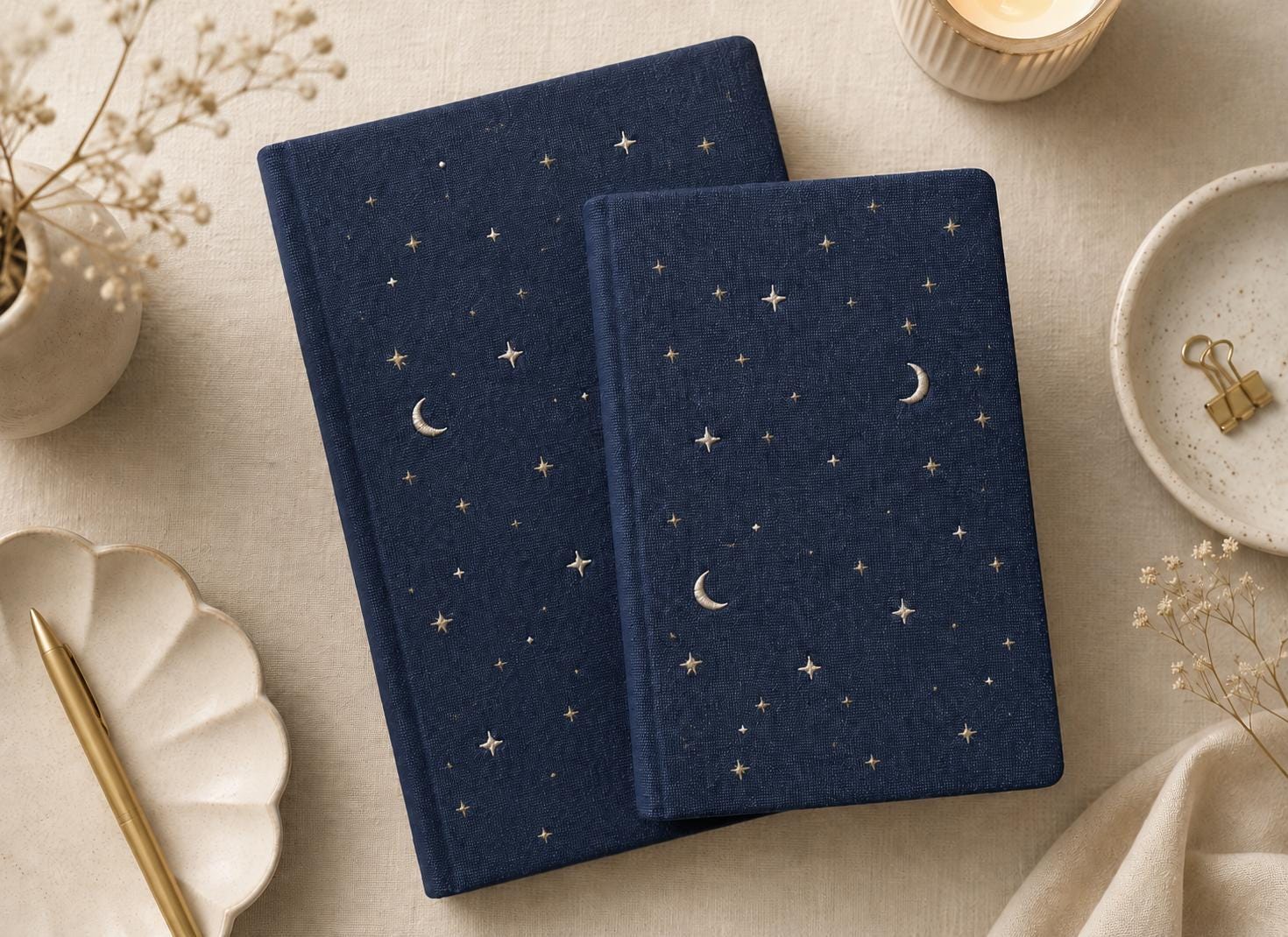 Personalized Photo Album, Celestial Linen Scrapbook, Custom Star Moon Wedding Album, Navy Blue Velvet Photo Book, Anniversary Gift