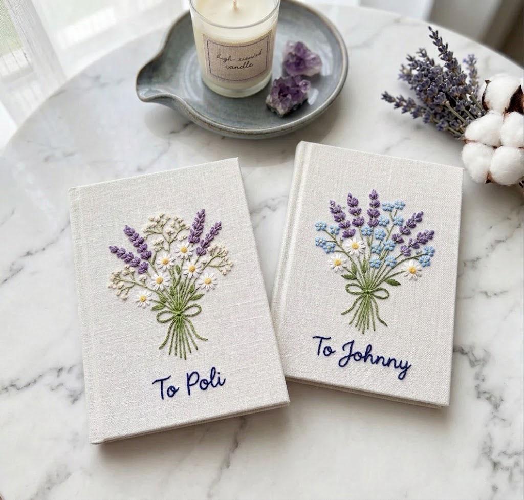 Custom Embroidered Photo Album, Personalized Lavender Linen Scrapbook, Boho Floral Memory Book, Wedding Guest Book, Gift For Couples