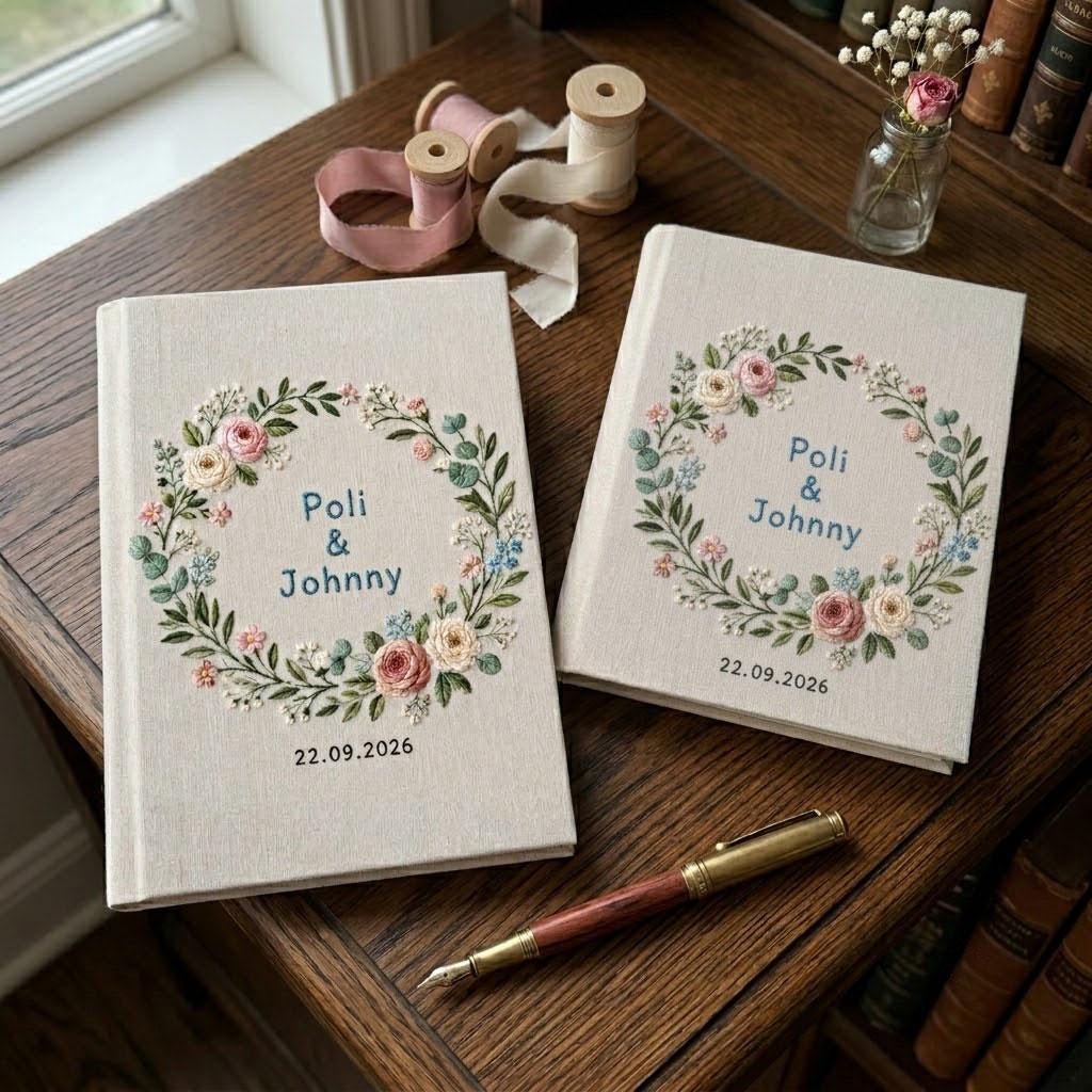 Personalized Embroidered Photo Album, Custom Linen Wedding Memory Book, Floral Scrapbook Album, Unique Anniversary Gift for Couple