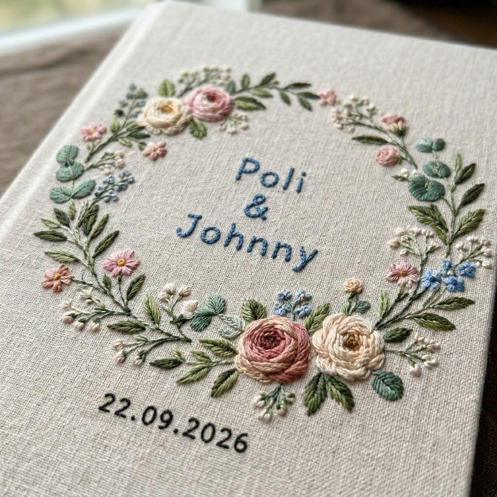 Personalized Embroidered Photo Album, Custom Linen Wedding Memory Book, Floral Scrapbook Album, Unique Anniversary Gift for Couple