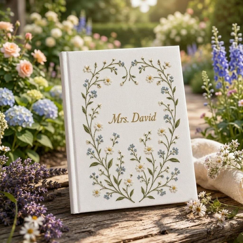 Personalized Embroidered Photo Album, Custom Wildflower Linen Memory Book, Botanical Wedding Guest Book, Floral Scrapbook Gift