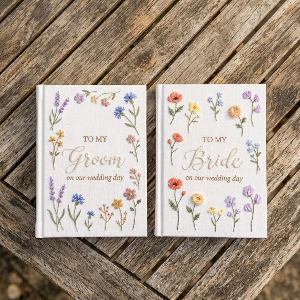 Embroidered Wedding Photo Album, To My Bride and Groom Linen Vow Journals, Floral Custom Wedding Day Memory Book, Bridal Shower Gift