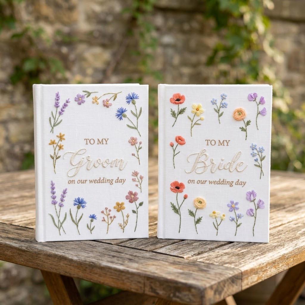 Embroidered Wedding Photo Album, To My Bride and Groom Linen Vow Journals, Floral Custom Wedding Day Memory Book, Bridal Shower Gift