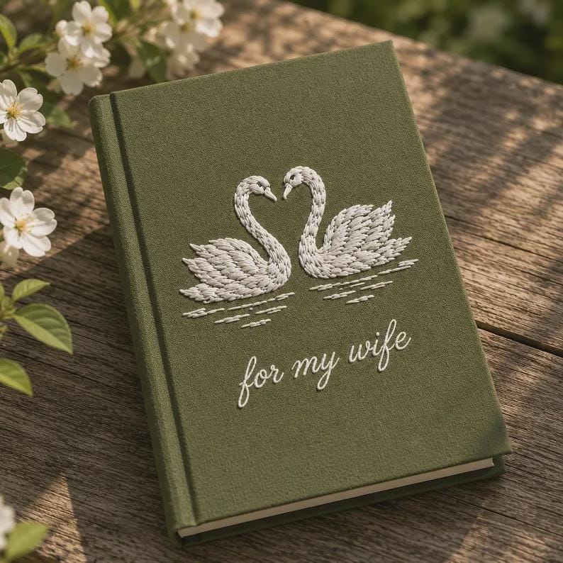 Personalized Hand Embroidered Vow Book Custom Vow Books, Fabric Hard cover, Handmade Notebook , Lily of the Valley, Swans Vow Books