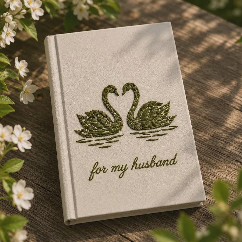 Personalized Hand Embroidered Vow Book Custom Vow Books, Fabric Hard cover, Handmade Notebook , Lily of the Valley, Swans Vow Books