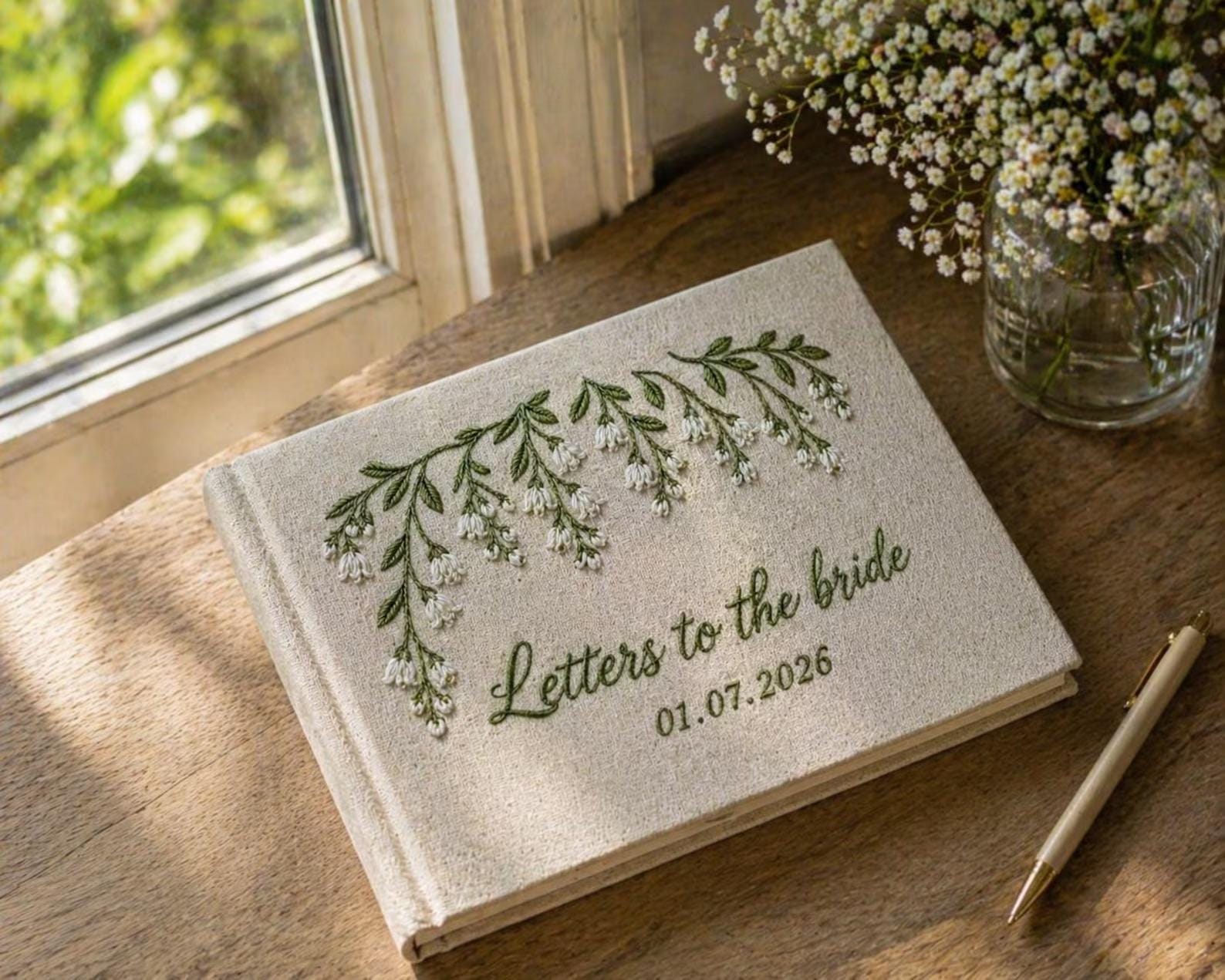 Personalized Letters to the Bride Notebook Hand Embroidered, Custom Linen Wedding Guest Book, Floral Memory Scrapbook