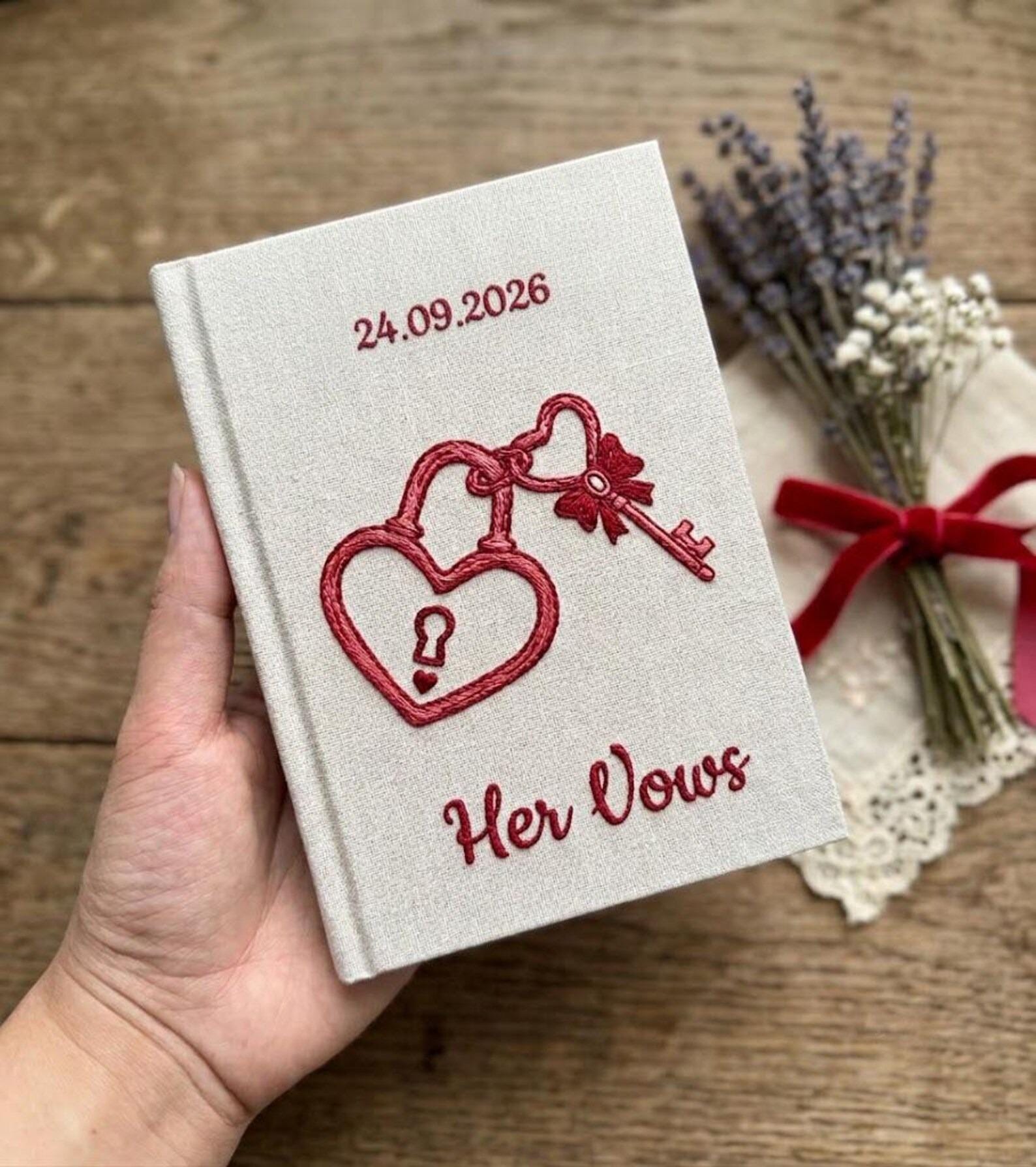 Personalized Hand Embroidered Vows Book, Wedding Doves and Lockets Hand Embroidered Notebook, Fabric Hard cover, Handmade Notebook