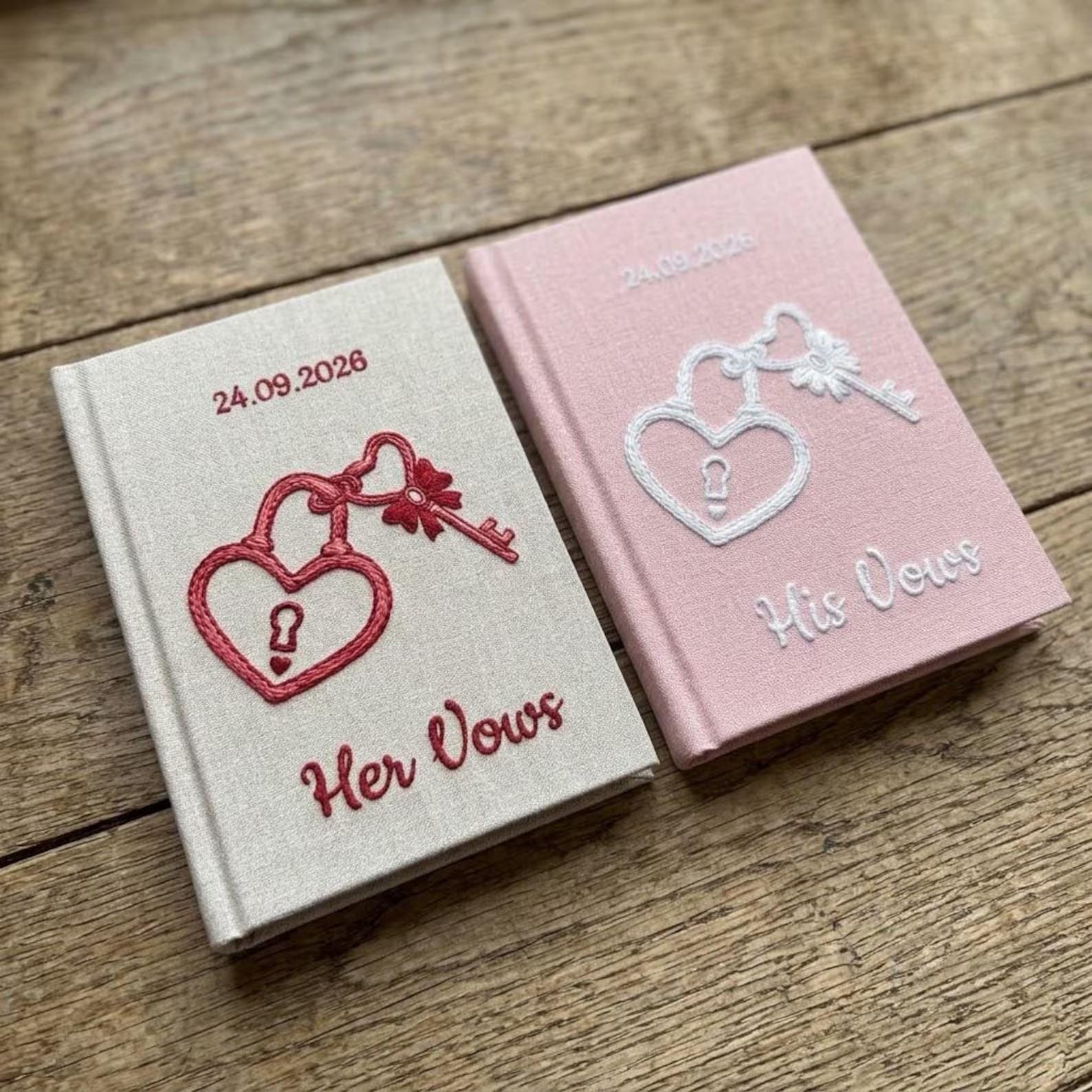 Personalized Hand Embroidered Vows Book, Wedding Doves and Lockets Hand Embroidered Notebook, Fabric Hard cover, Handmade Notebook