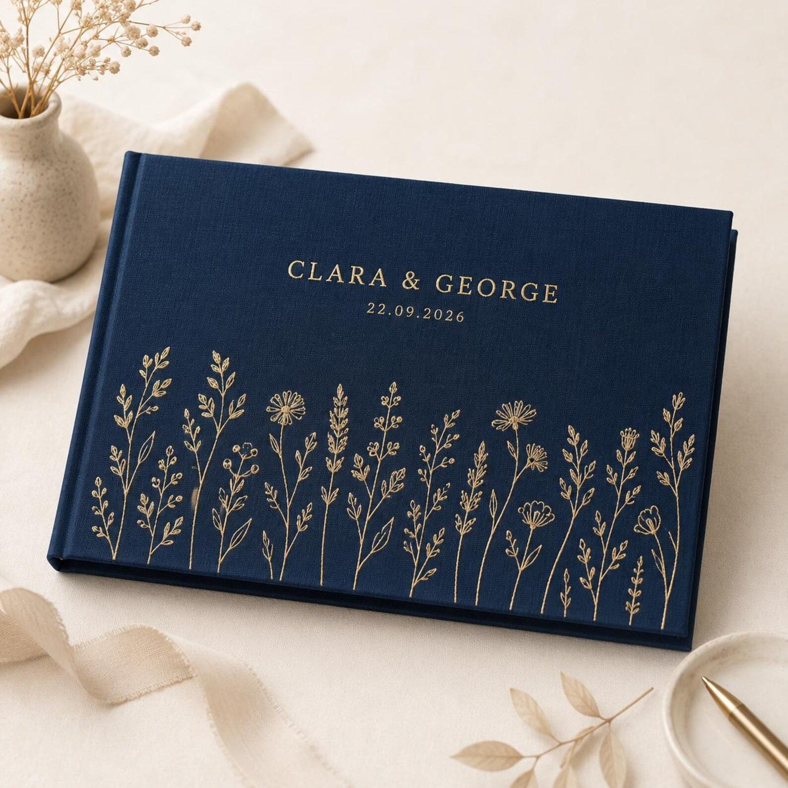 Personalized Wildflower Wedding Guest Book, Gold Embroidered Wildflower Album, Custom Names Date Keepsake, Wedding Guest Book,Gift For Bride