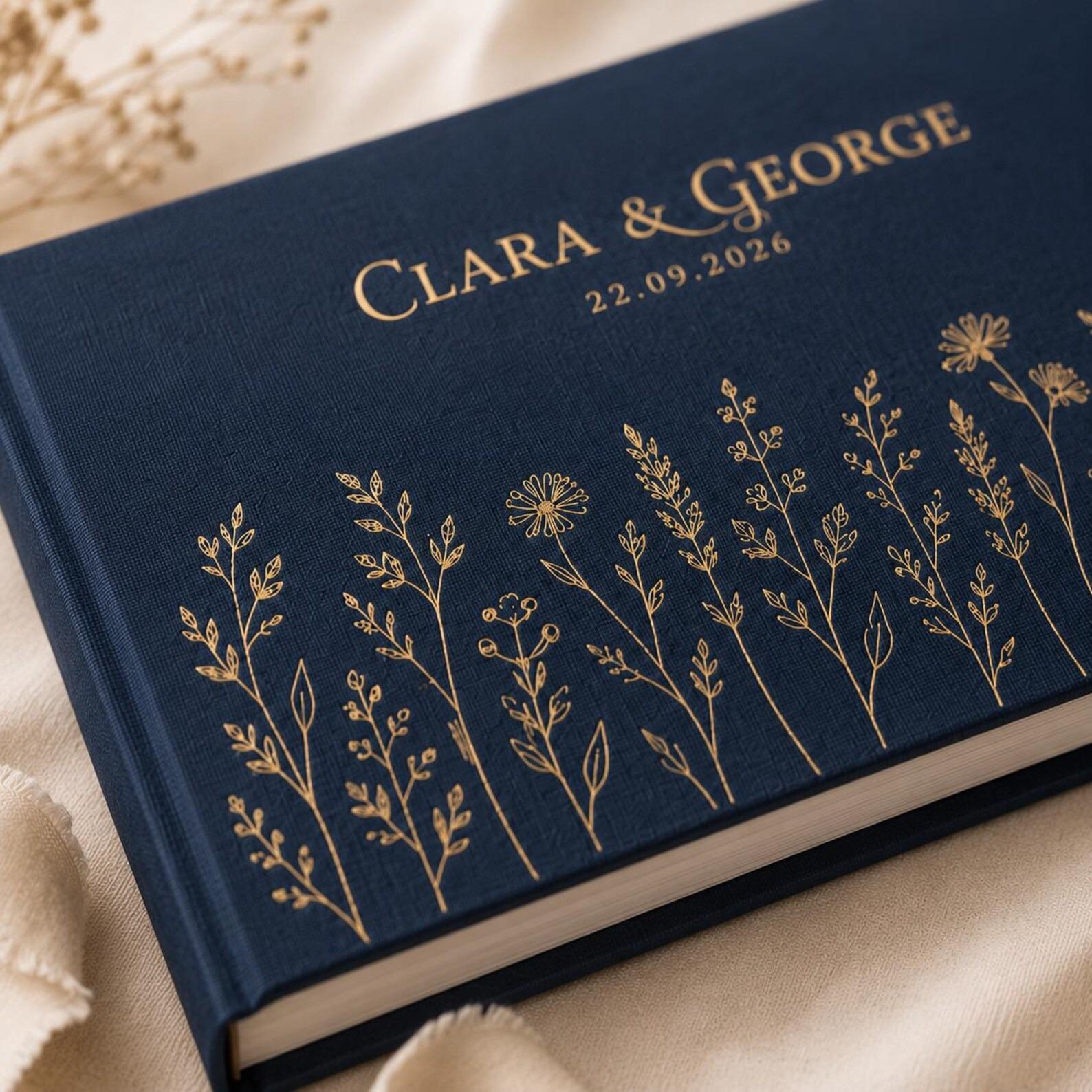 Personalized Wildflower Wedding Guest Book, Gold Embroidered Wildflower Album, Custom Names Date Keepsake, Wedding Guest Book,Gift For Bride