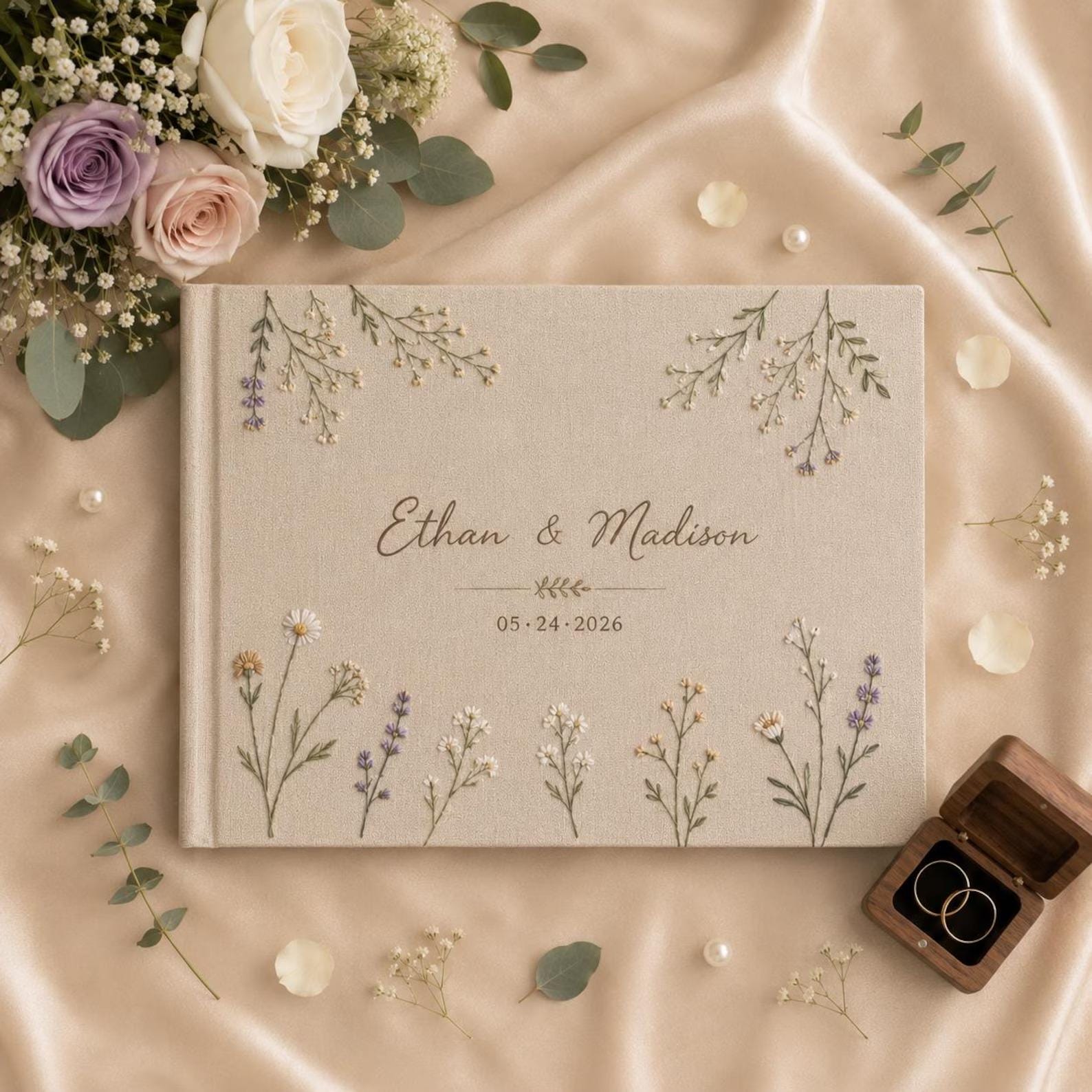 Custom Embroidered Linen Wedding Guest Book, Personalized Landscape Notebook, Hand Embroidered Flowers Memory Book, Hardbound Scrapbook