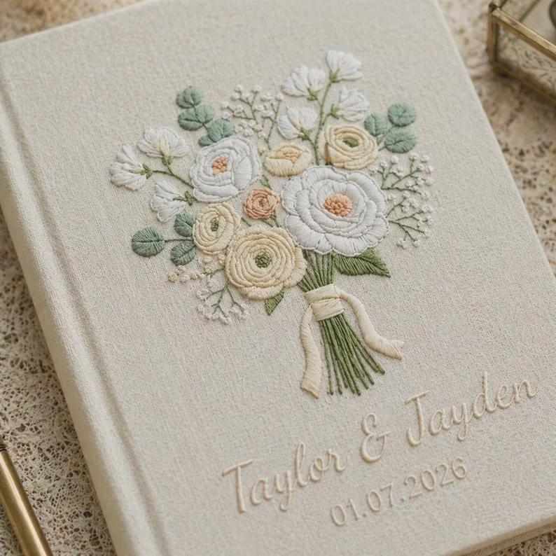 Personalized Wedding Guest Book Embroidered White Floral Bouquet, Custom Linen Memory Book for Bride and Groom, Bridal Shower Gift
