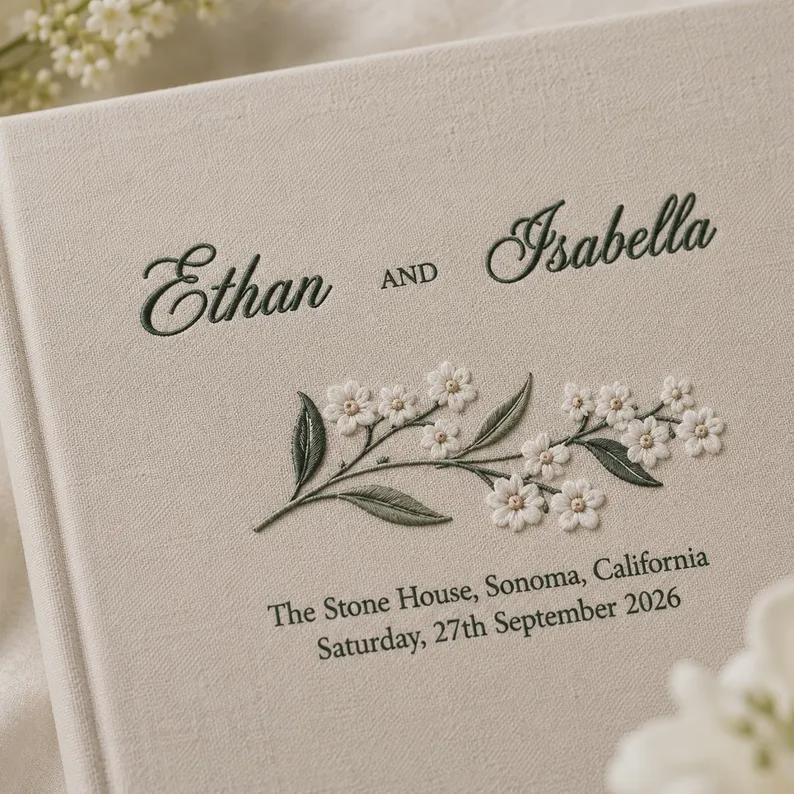 Personalized Wedding Photo Album, Embroidered Linen Guest Book, Custom Wedding Keepsake Album, Bridal Shower Gift