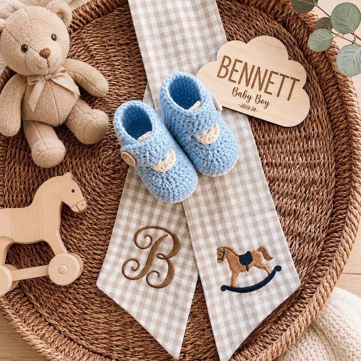 Personalized Baby Boy Sash, Embroidered Rocking Horse Sash, Monogram Gingham Bow, Nursery Decor, Newborn Gift, Baby Shower Gift