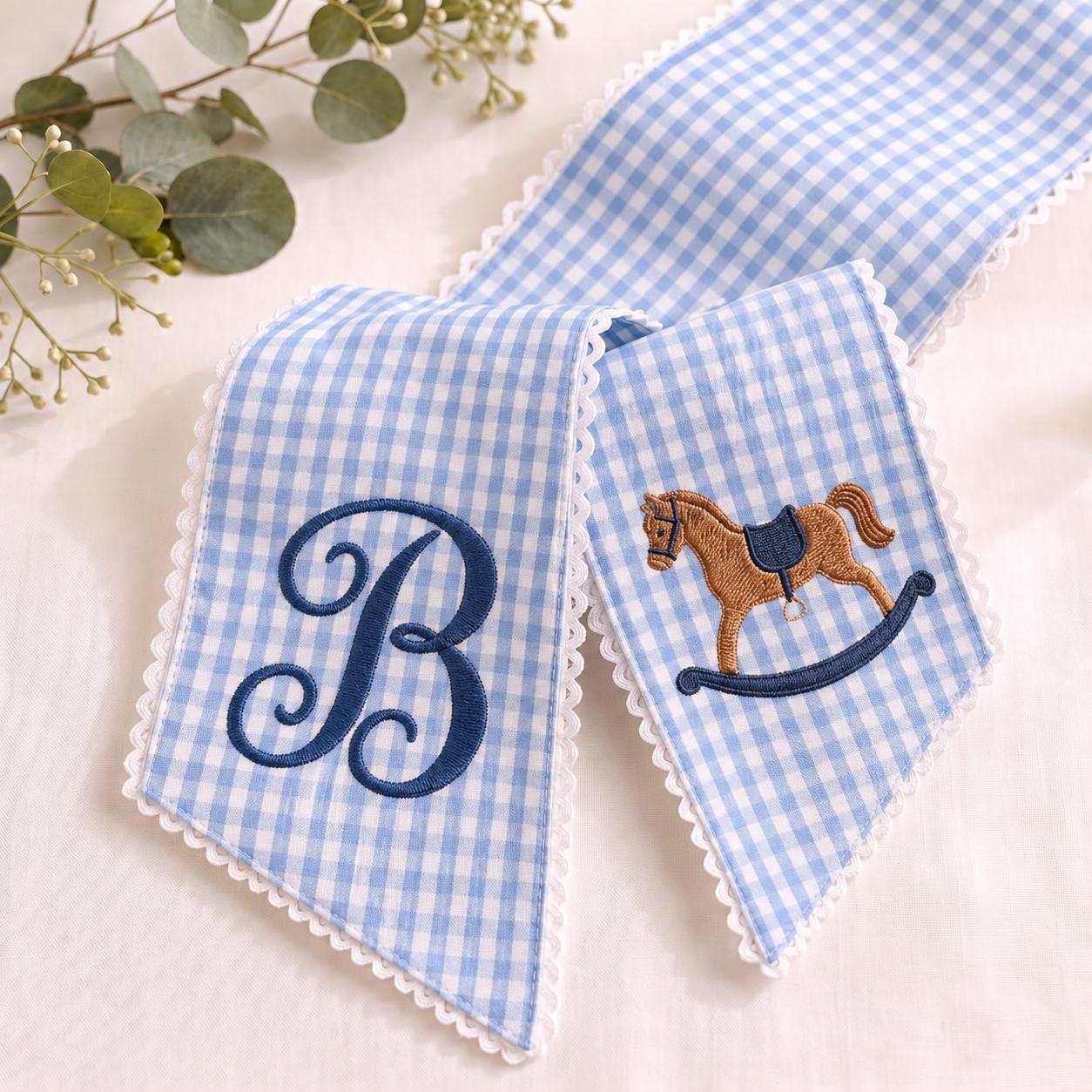 Personalized Baby Boy Sash, Embroidered Rocking Horse Sash, Monogram Gingham Bow, Nursery Decor, Newborn Gift, Baby Shower Gift