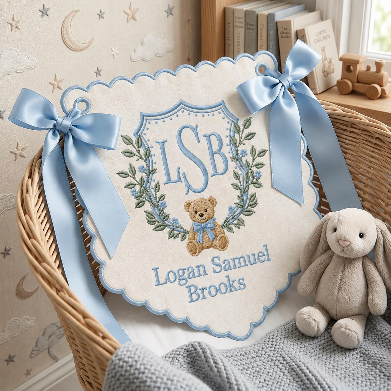 Personalized Baby Boy Hospital Banner, Embroidered Monogram Newborn Name Sign, Teddy Bear Nursery Decor