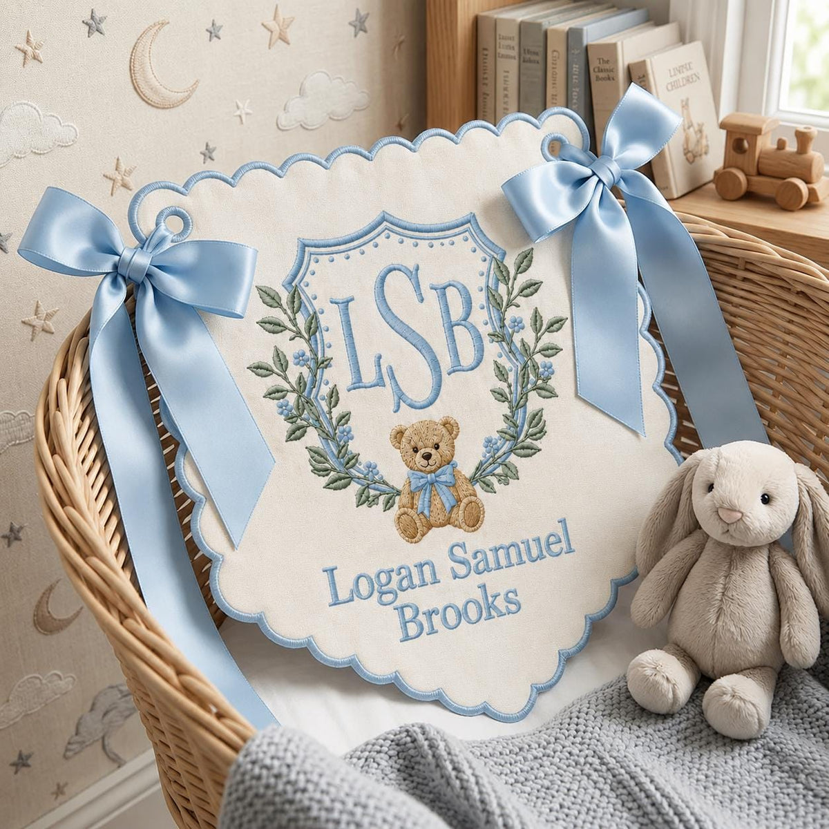 Personalized Baby Boy Hospital Banner, Embroidered Monogram Newborn Name Sign, Teddy Bear Nursery Decor