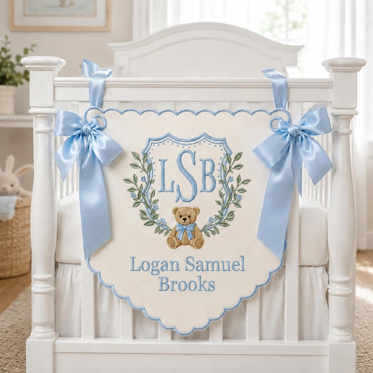 Personalized Baby Boy Hospital Banner, Embroidered Monogram Newborn Name Sign, Teddy Bear Nursery Decor