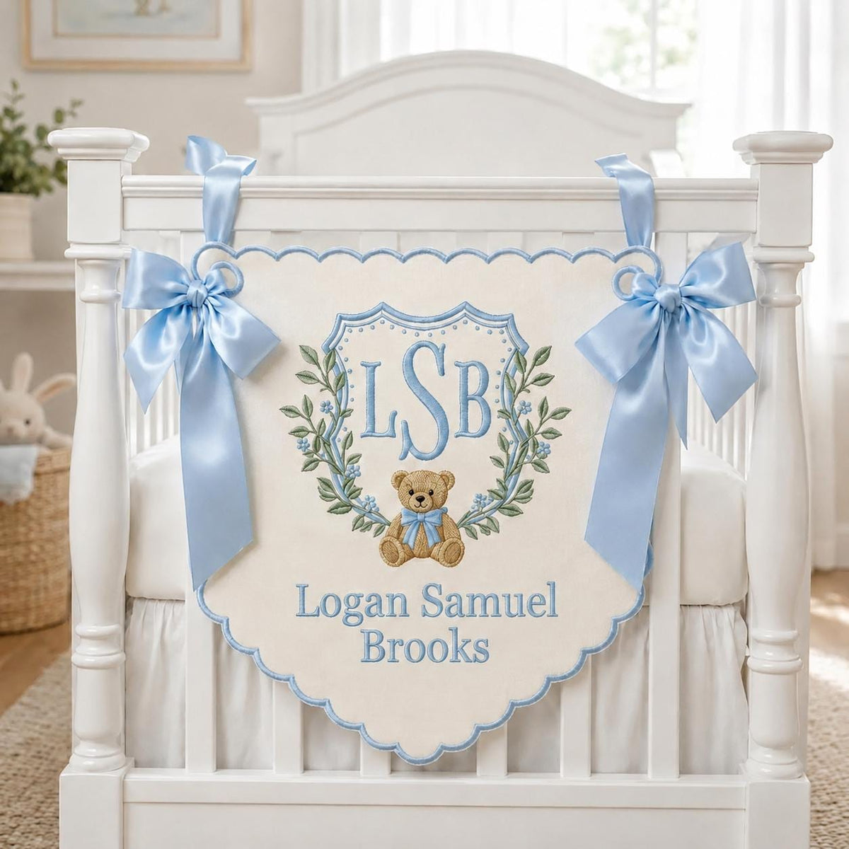 Personalized Baby Boy Hospital Banner, Embroidered Monogram Newborn Name Sign, Teddy Bear Nursery Decor